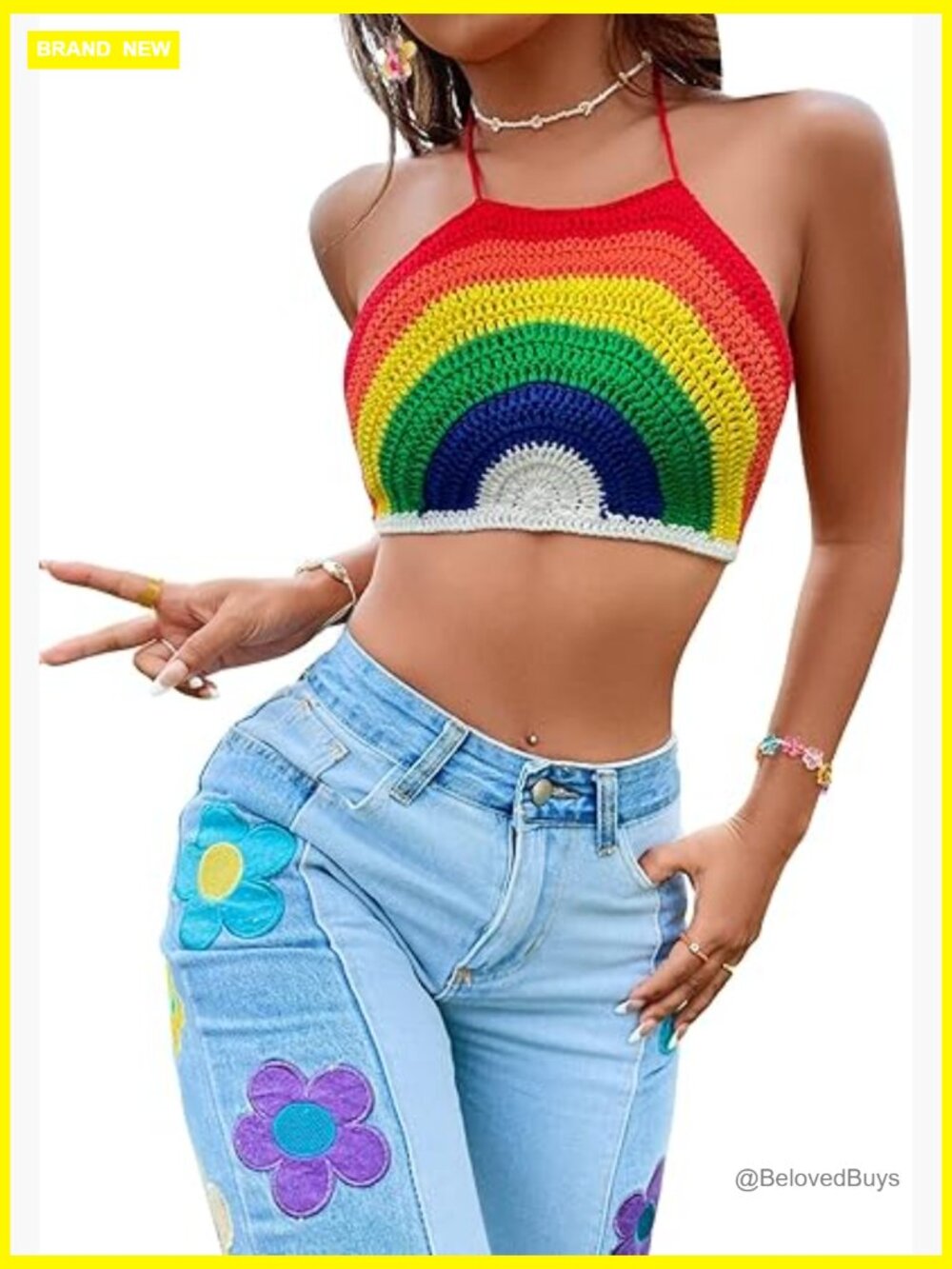 Backless Rainbow Striped Halter Tie Knit Crop Top Sleeveless Summer Cami - Picture 1 of 6
